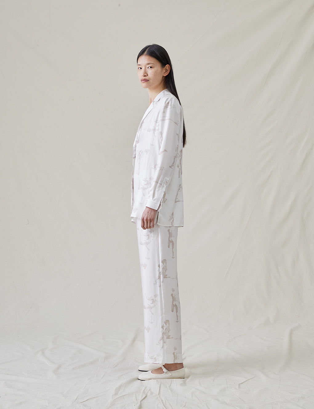 Womens | The Silk Relaxed Pants with Painted Figures | Cream / Sepia