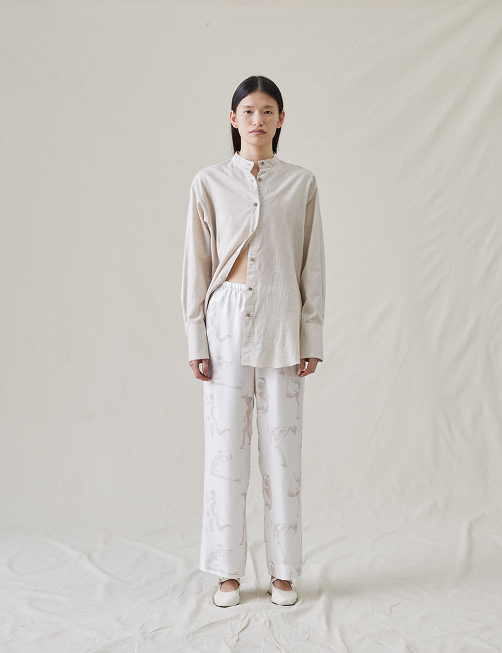 Womens | The Silk Relaxed Pants with Painted Figures | Cream / Sepia