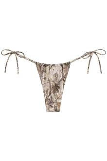 Camo print bikini bottom with side tie straps and ruched center panel.