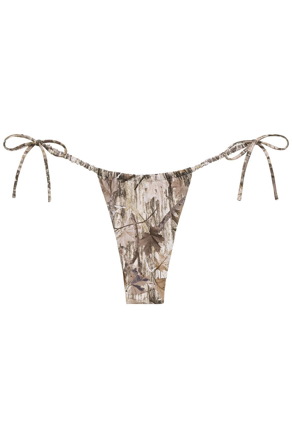 Camo print bikini bottom with side tie straps and ruched center panel.