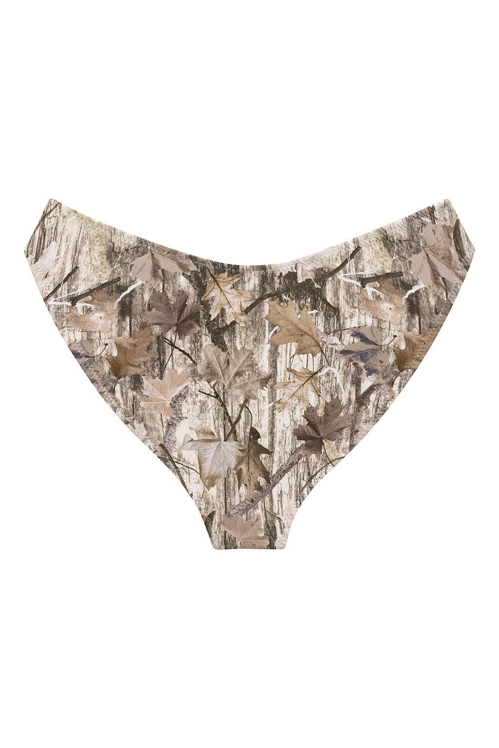 Camouflage bikini bottom with cream, tan, and brown tones, featuring zig-zag stitch detailing and ruched sides.