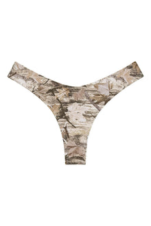 Camouflage bikini bottom with zig-zag stitching in beige and olive tones.