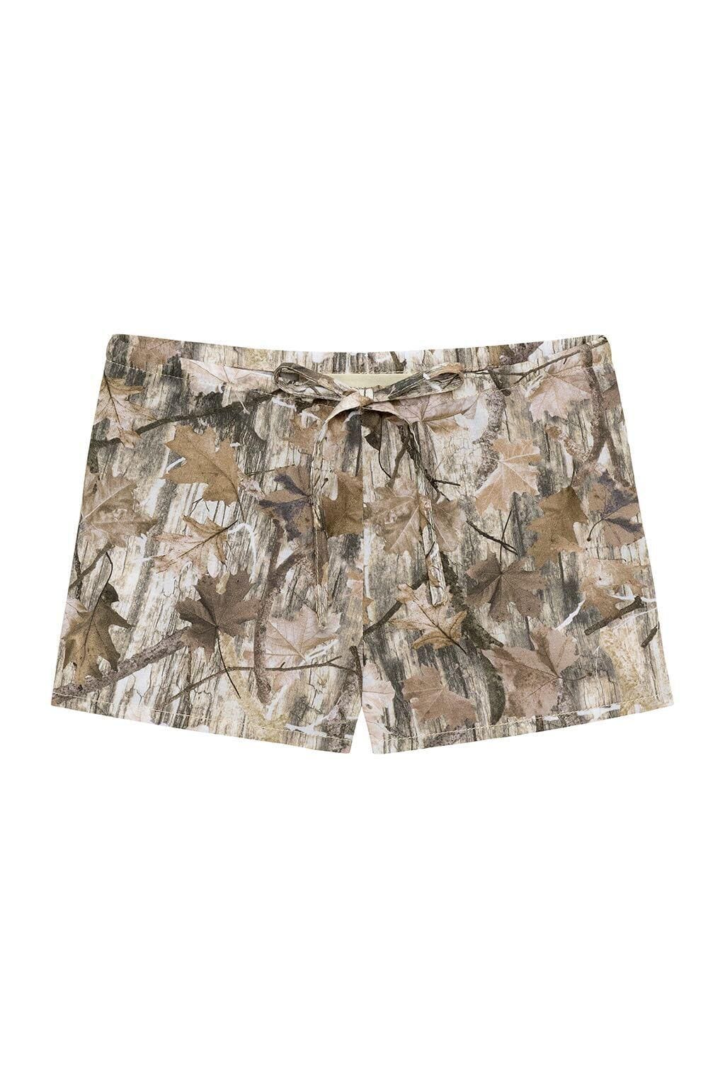 Camouflage shorts in tan, brown, and gray tones with drawstring waistband and side pockets.