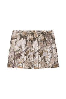 Beige and brown camouflage swim trunks with leaf and branch pattern throughout and elastic waistband.