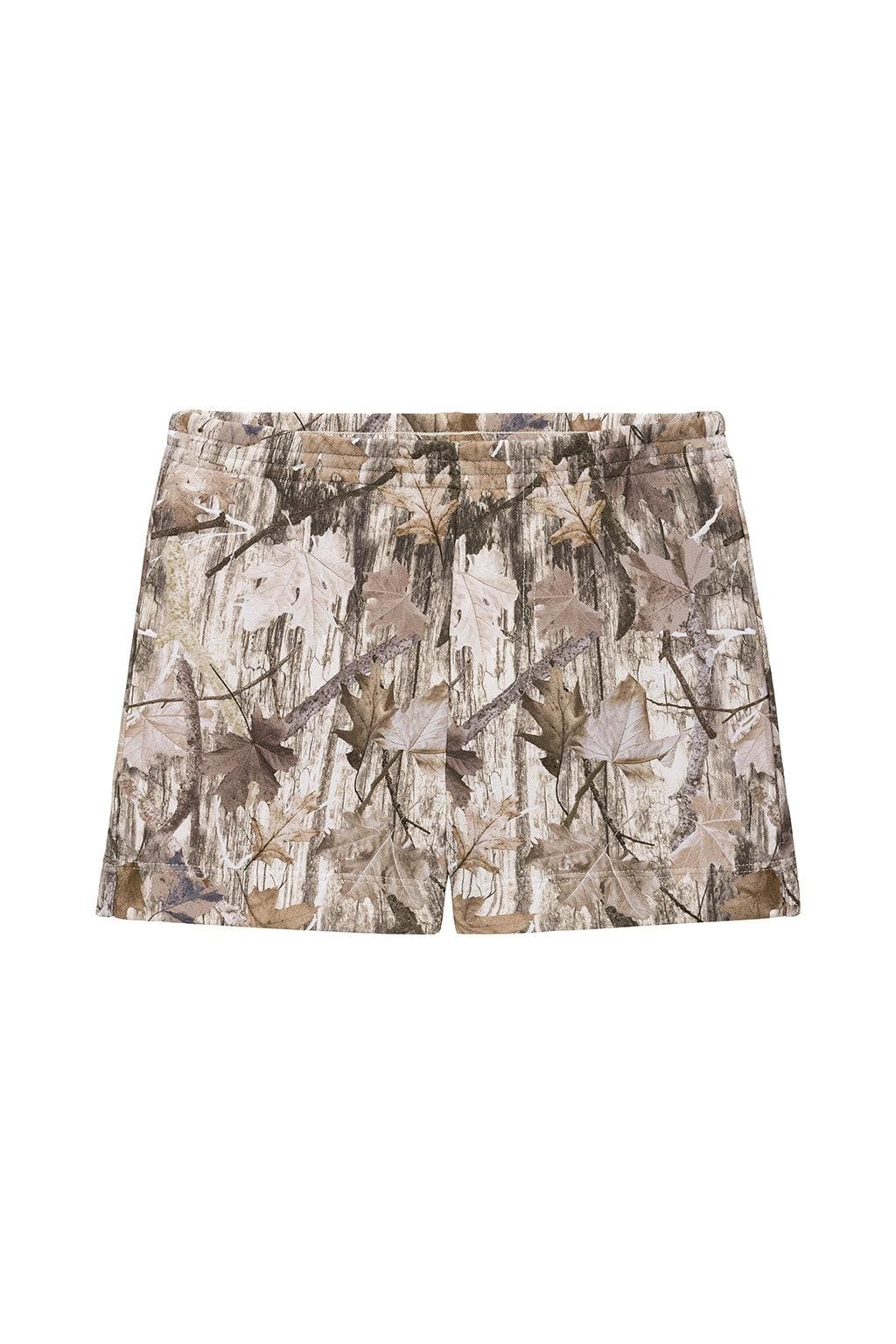 Beige and brown camouflage swim trunks with leaf and branch pattern throughout and elastic waistband.