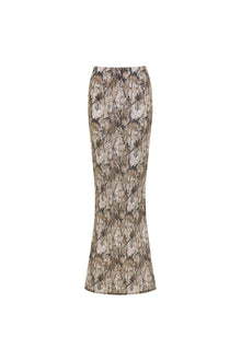 Maxi skirt with brown and beige camouflage pattern and fitted silhouette.
