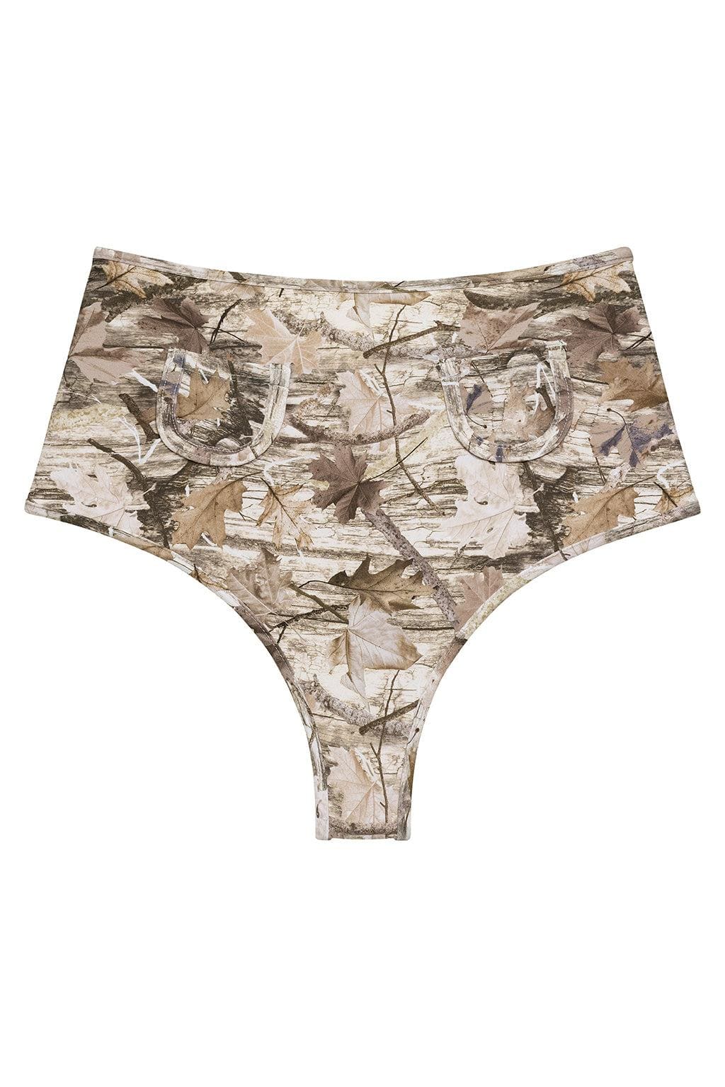 Camouflage bikini bottom with brown and tan leaf pattern, white horseshoe details, and high-cut leg design.
