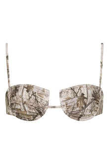 Camouflage print bikini top with ruched cups, underwire support, and adjustable shoulder straps.
