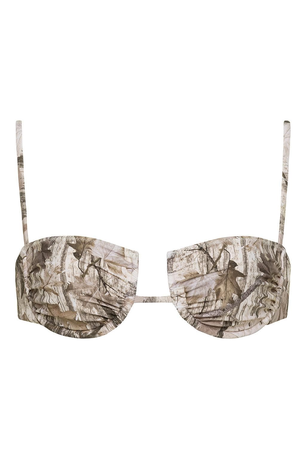Camouflage print bikini top with ruched cups, underwire support, and adjustable shoulder straps.