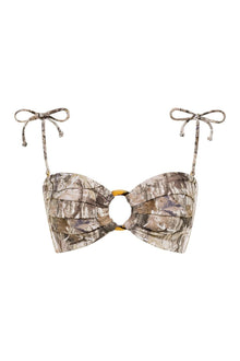 Camouflage bandeau bikini top with tie shoulders, gold ring hardware, and ruffled cup details.