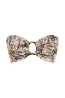 Bandeau bikini top with brown and tan camouflage print and gold-tone hardware at center.