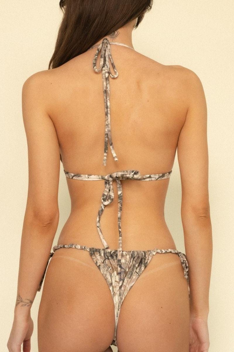 Camouflage print scrunch bikini bottom with ruched sides, shown from back view.