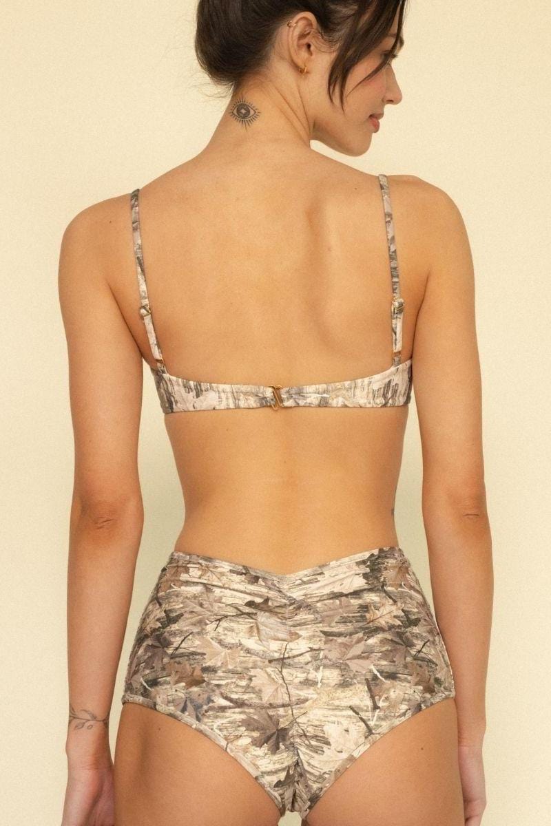 Camouflage print bikini top with thin shoulder straps and straight neckline shown from back view.