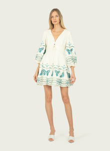 Priscilla Dress | Creme x Multi-Blue Embroidery