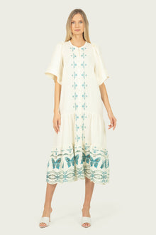 Marcella Dress | Creme x Multi-Blue Embroidery
