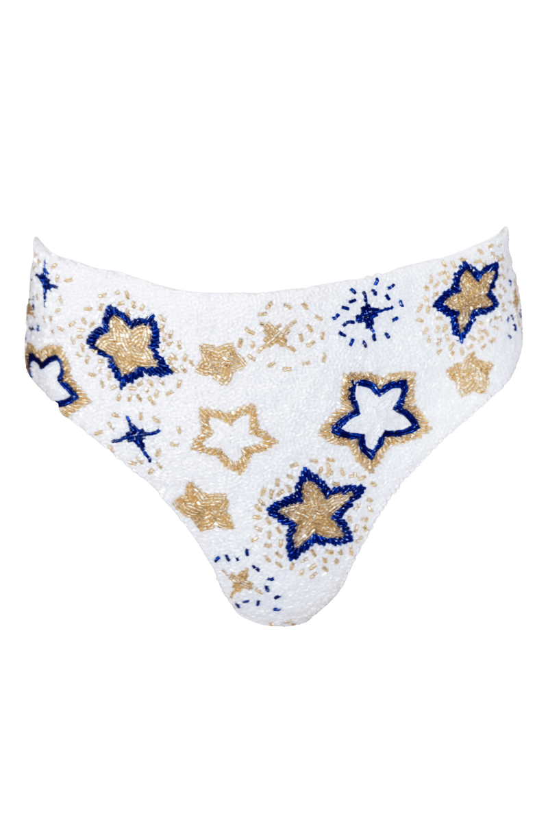 Celeste Hand - Beaded Embellished High - Waisted Bikini Bottom - White - Self - Adore