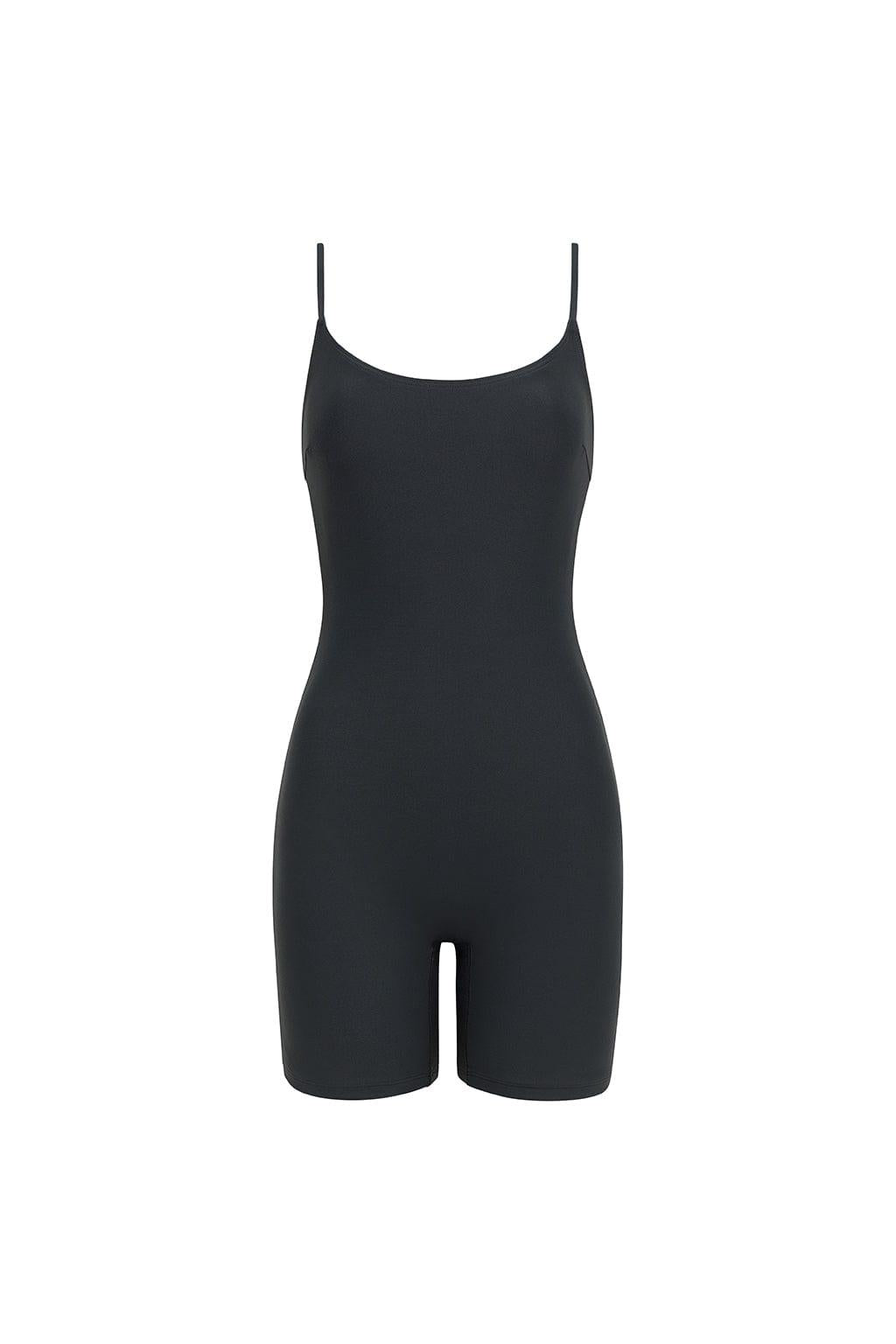 Charcoal sleeveless onesie with scoop neckline and adjustable straps, extending to mid-thigh length.