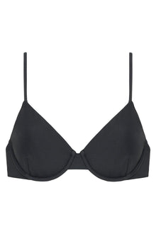 Charcoal bikini top with thin shoulder straps and underwire cups.