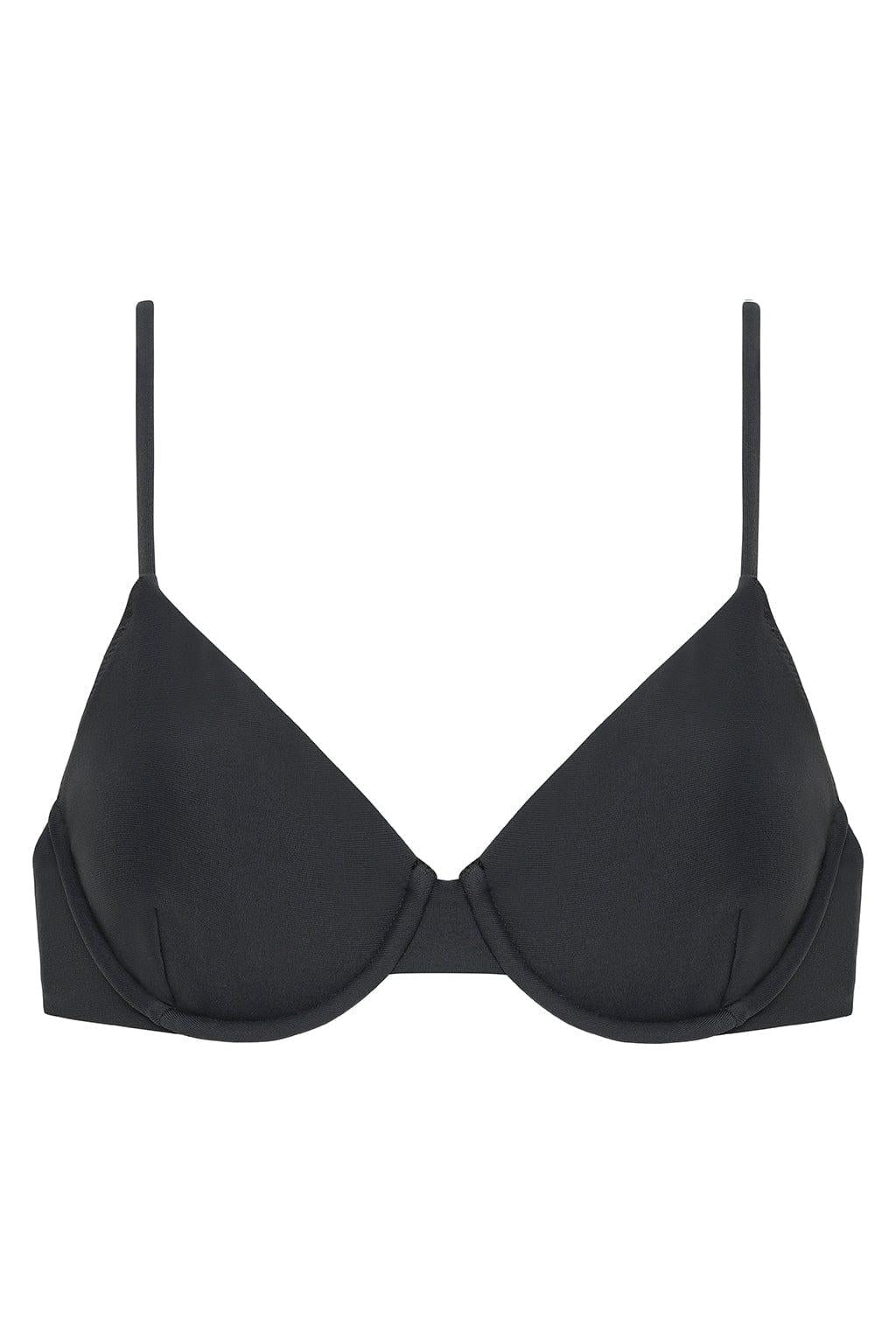 Charcoal bikini top with thin shoulder straps and underwire cups.