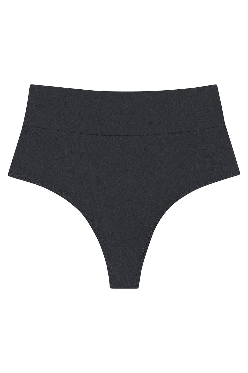 Charcoal high-rise bikini bottom with full coverage and textured fabric.
