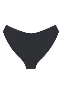 Charcoal bikini bottom with high-waisted cut and zig-zag stitching along edges.