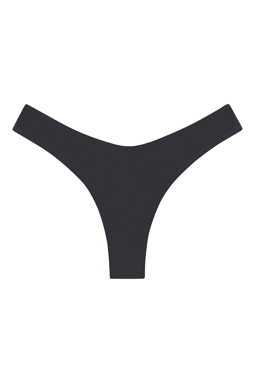 Charcoal bikini bottom with high-cut leg openings and visible zig-zag stitching along the edges.