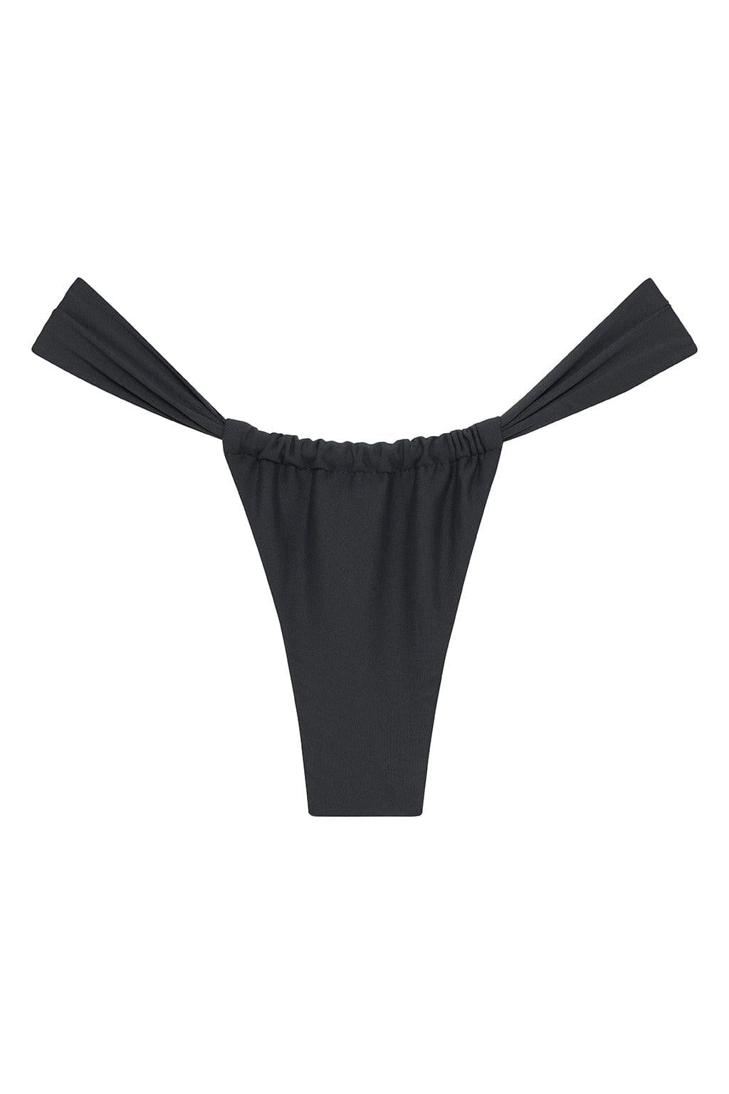 Charcoal bikini bottom with ruched center and tie-side straps.