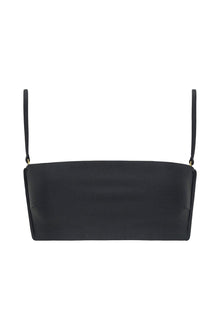 Charcoal bikini top with adjustable shoulder straps and metal hardware, displayed flat against a white background.