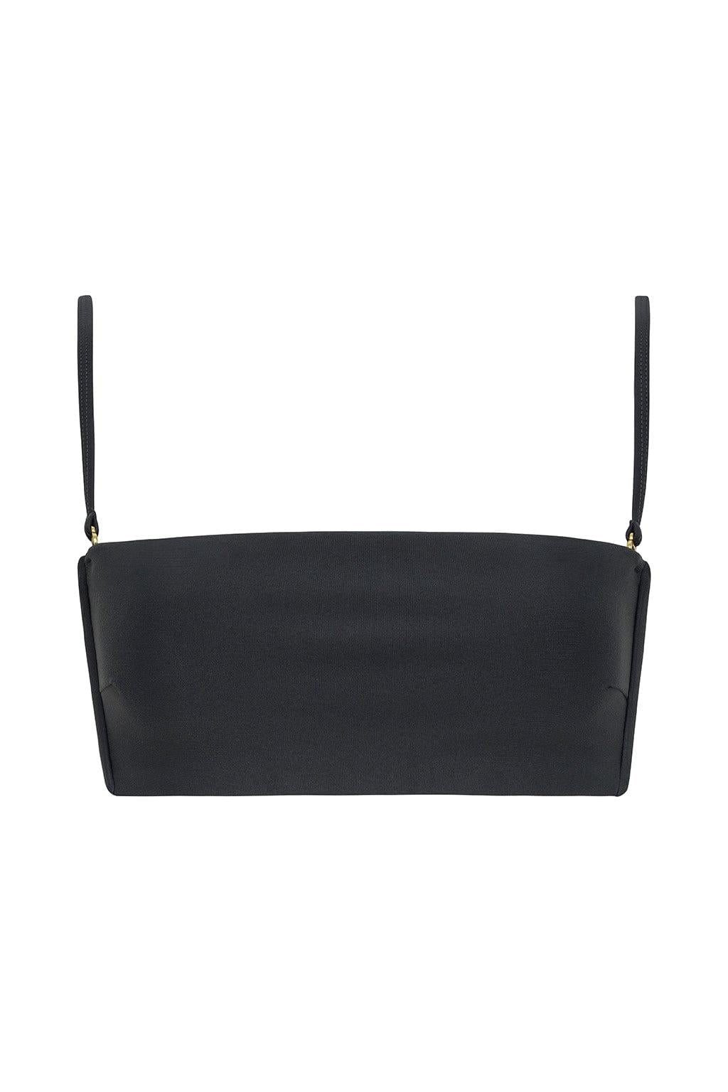 Charcoal bikini top with adjustable shoulder straps and metal hardware, displayed flat against a white background.