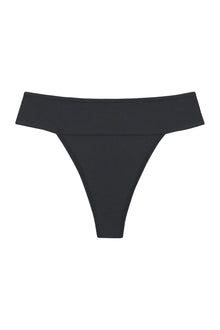 Charcoal bikini bottom with off-shoulder binding detail and high-cut thong style.