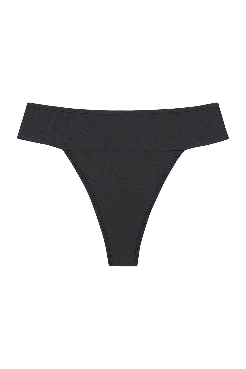 Charcoal bikini bottom with off-shoulder binding detail and high-cut thong style.