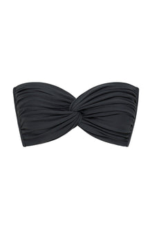 Charcoal bikini top with ruched bandeau style and twisted knot detail at center front.