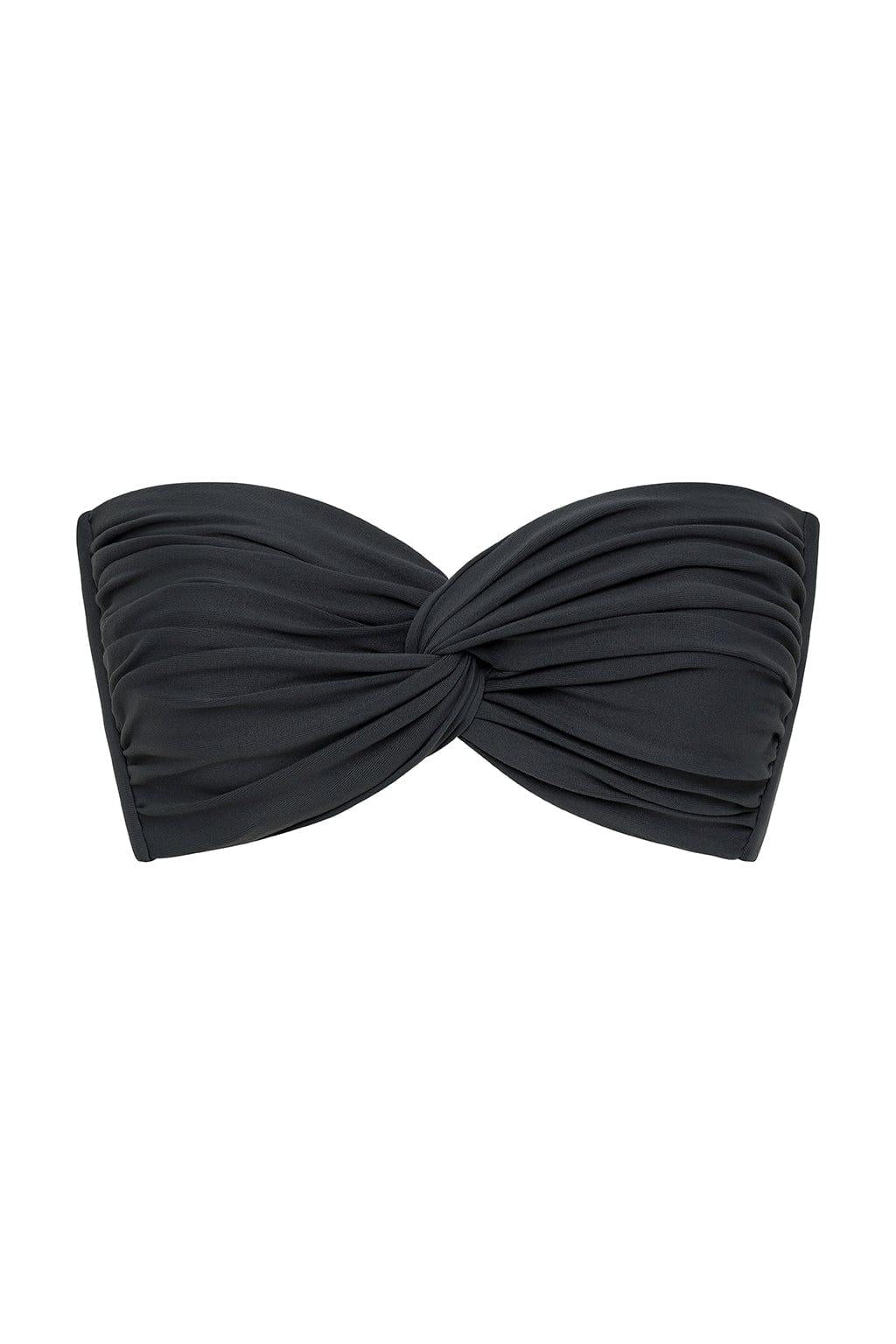Charcoal bikini top with ruched bandeau style and twisted knot detail at center front.