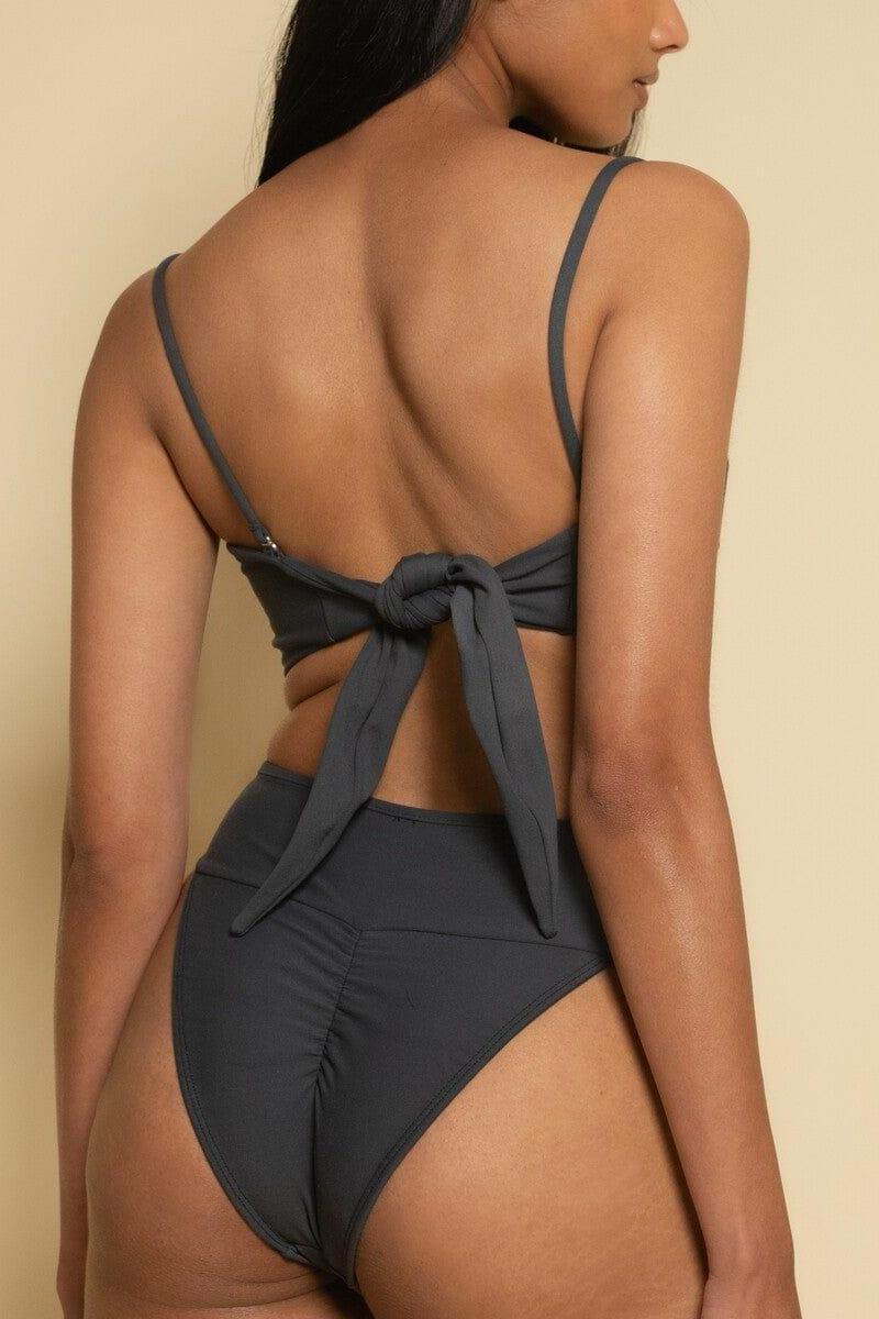 Charcoal bikini bottom with high-waisted cut and ruched side detailing, shown from back view.