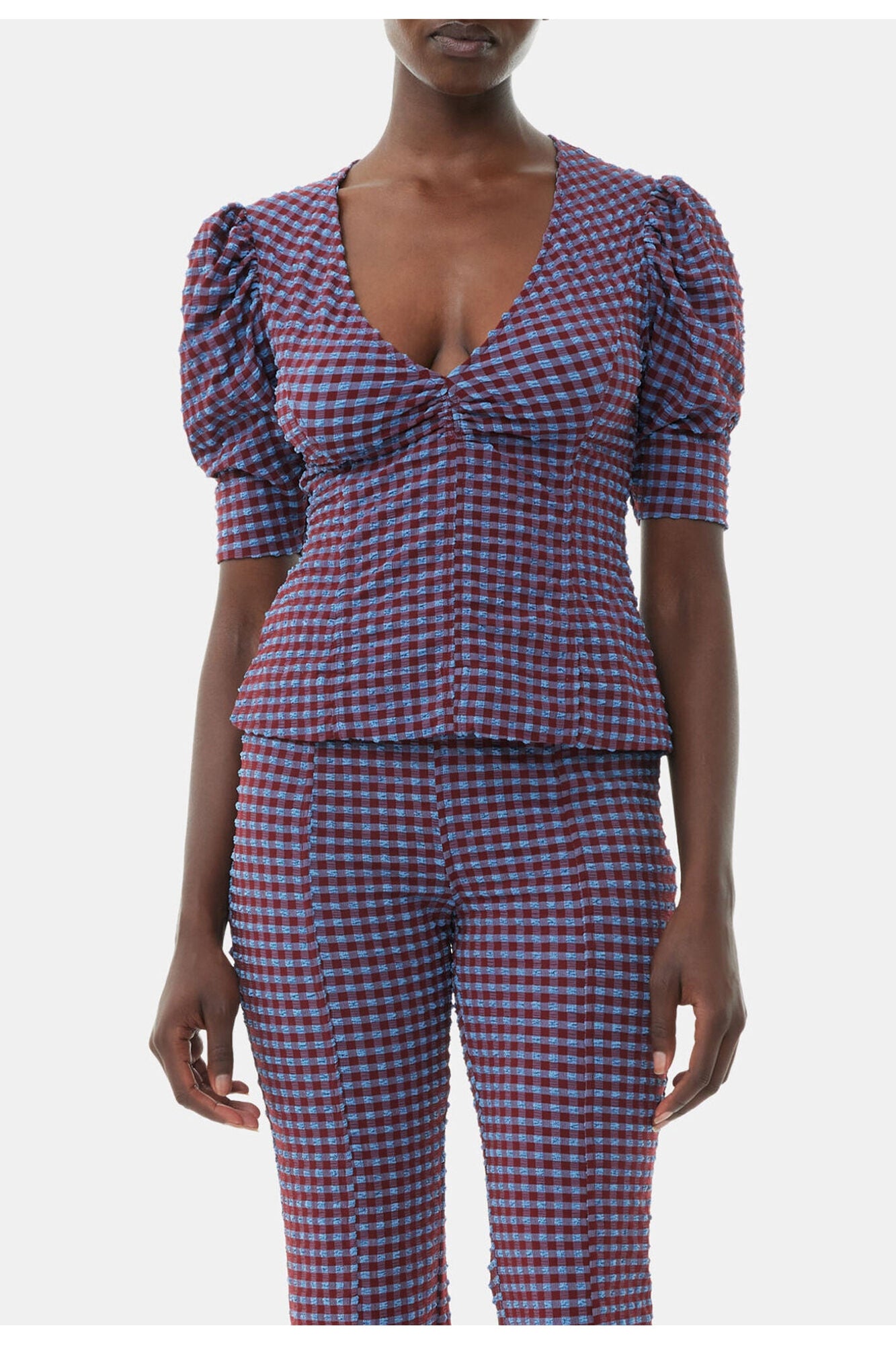 Checkered Stretch Seersucker Frill Trousers | Racing Red
