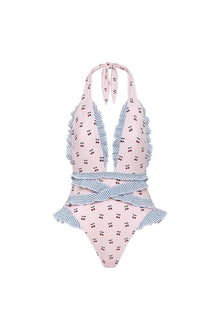 Pink one-piece swimsuit with cherry print, blue striped ruffle trim on halter neckline and waist.
