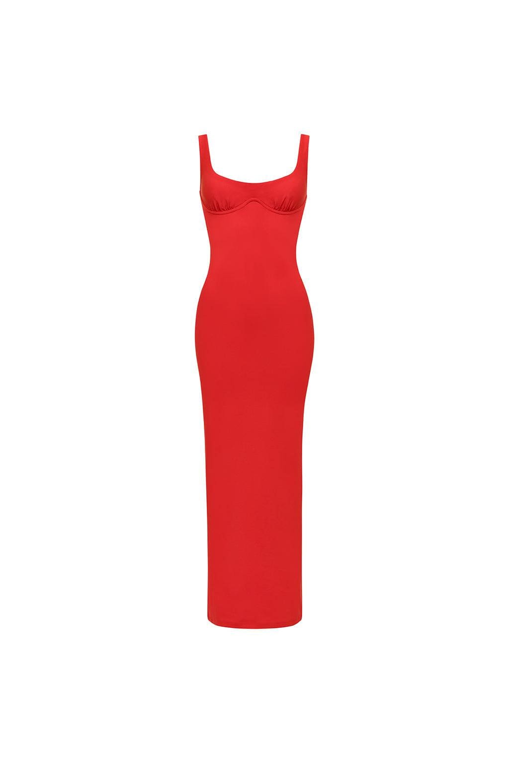 Red sleeveless long dress with sweetheart neckline and fitted silhouette.