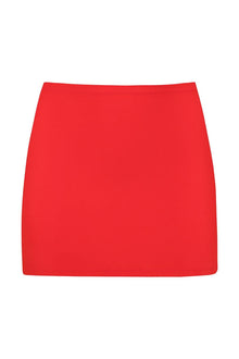 Red ribbed mini skirt with a fitted silhouette and straight hem.