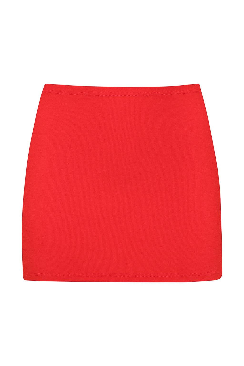Red ribbed mini skirt with a fitted silhouette and straight hem.