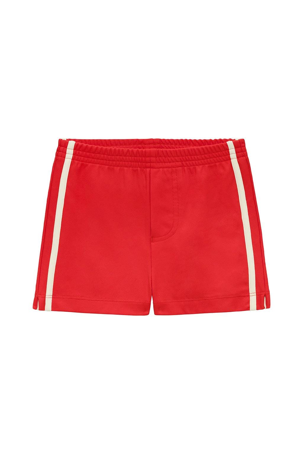 Red swim trunk with white athletic stripes on the sides and elastic waistband.