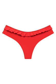 Red bikini bottom with ruffled trim across the waistband and thong-style cut.