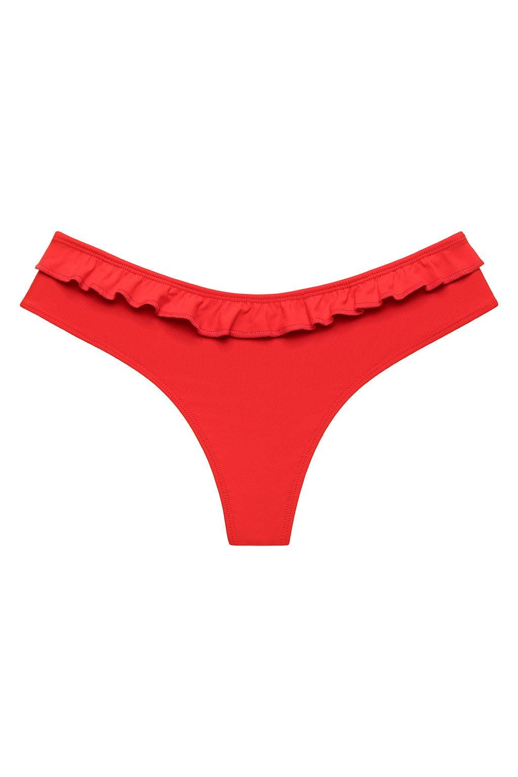 Red bikini bottom with ruffled trim across the waistband and thong-style cut.