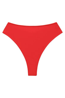 Red high-rise bikini bottom with a thong cut and ribbed fabric texture.