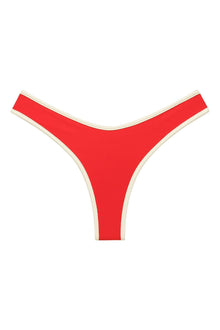 Red bikini bottom with cream-colored binding trim on sides and legs.