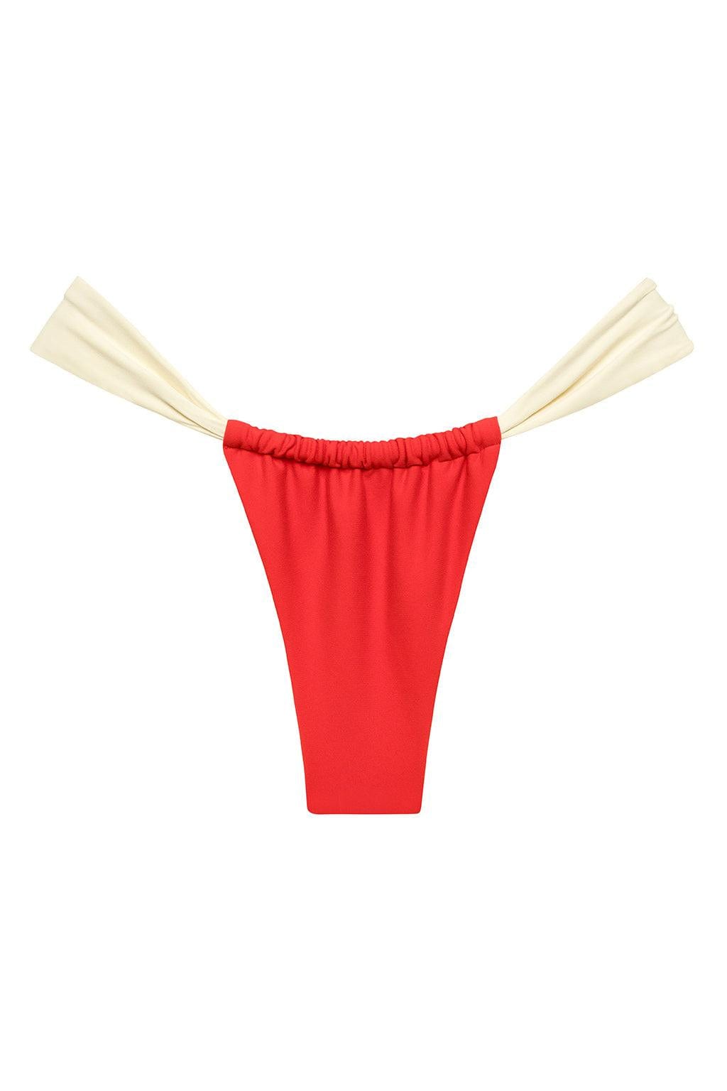 Red bikini bottom with cream-colored binding straps and ruched waistband.