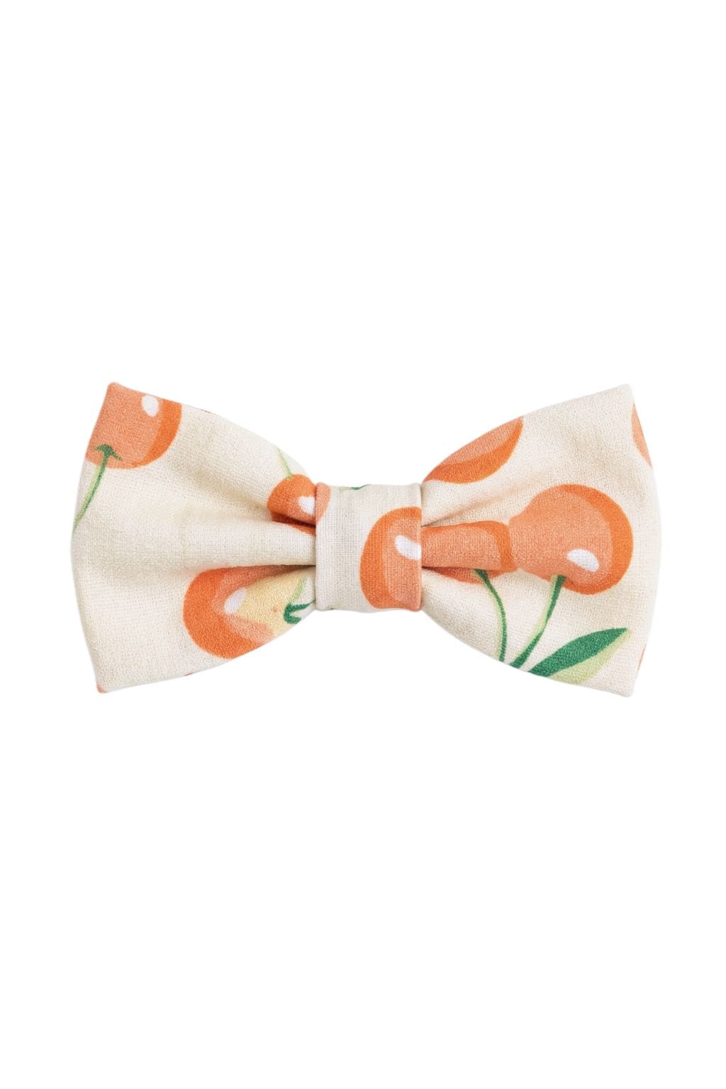 Cream-colored mini bow clip with orange cherry and green leaf pattern throughout.