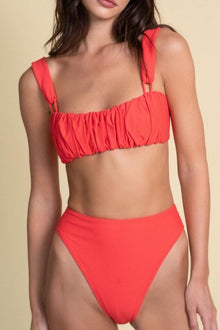 Red bikini bottom with high-waisted cut and wide side coverage.