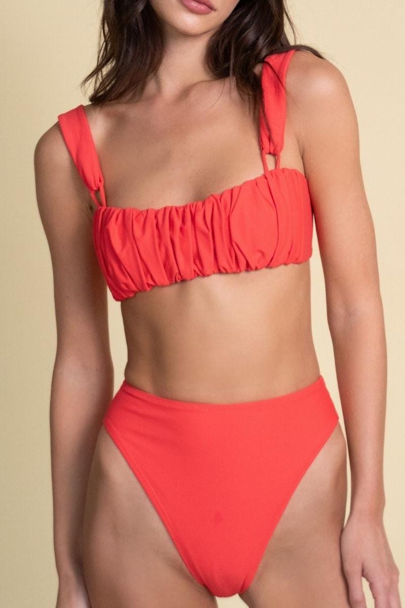 Red bikini bottom with high-waisted cut and wide side coverage.