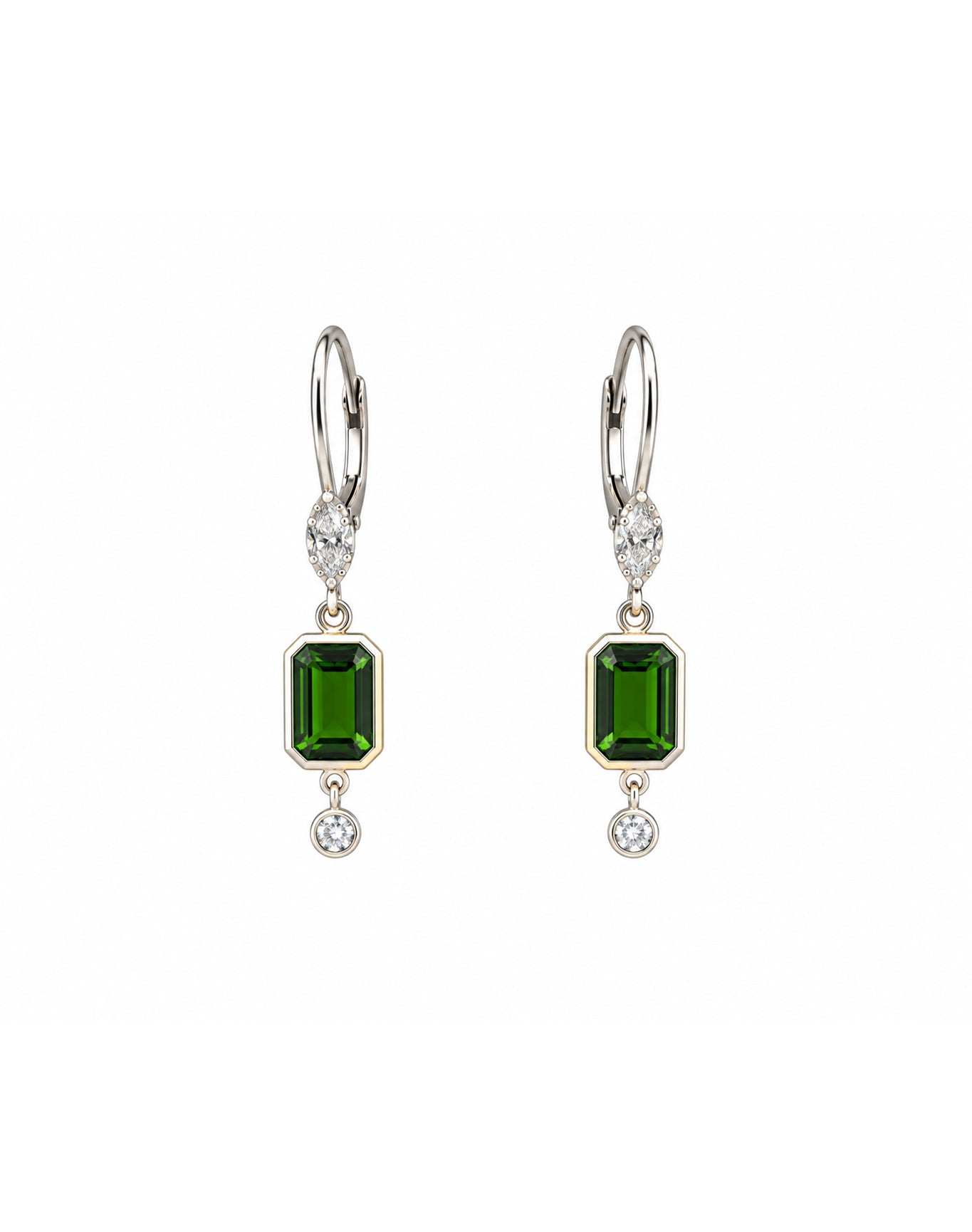 Chrome Green Gem & Diamond Drop Earrings | 14K Two Tone Gold