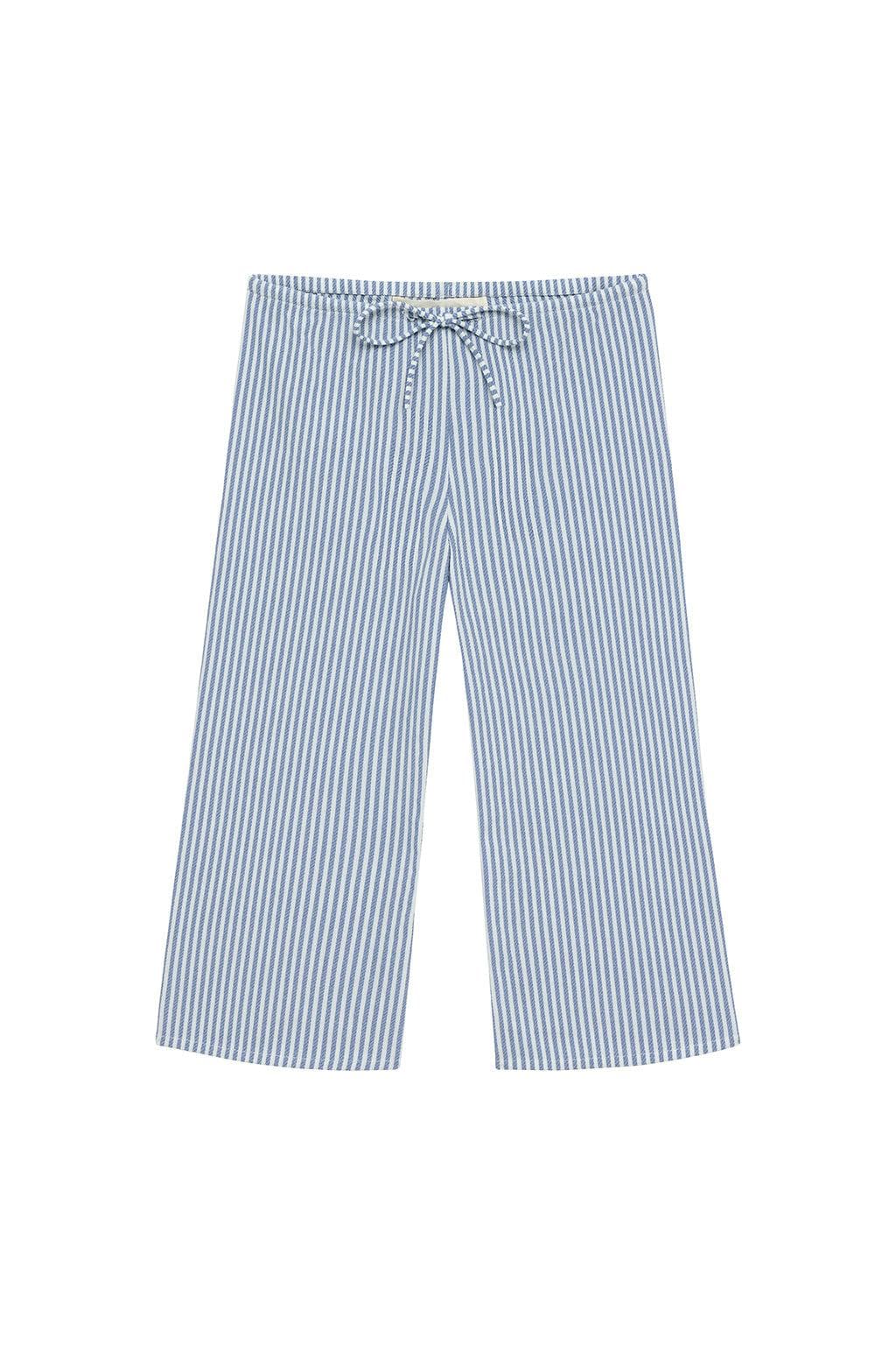 Blue and white striped mini drawstring pant with elastic waistband and adjustable tie.